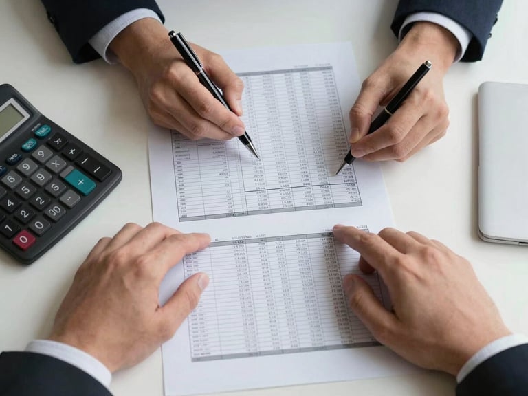 Overhead shot of a desk surface, two pairs of hands reviewing a multi-column financial statement spread across the table, a pen marking figures, a calculator to one side, studio lighting with natural daylight quality, sharp focus on the documents and hands, no faces visible, professional and precise atmosphere