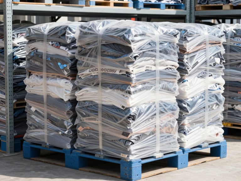 Bright commercial photography of neatly stacked, shrink-wrapped apparel pallets on metal warehouse racks, clean daylight, high-contrast, 35mm lens