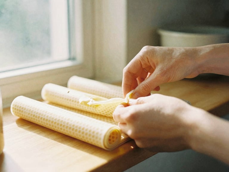 Close-up of hands organizing beeswax wraps on a sunlit wooden kitchen shelf, soft morning window light, warm honey tones, 35mm