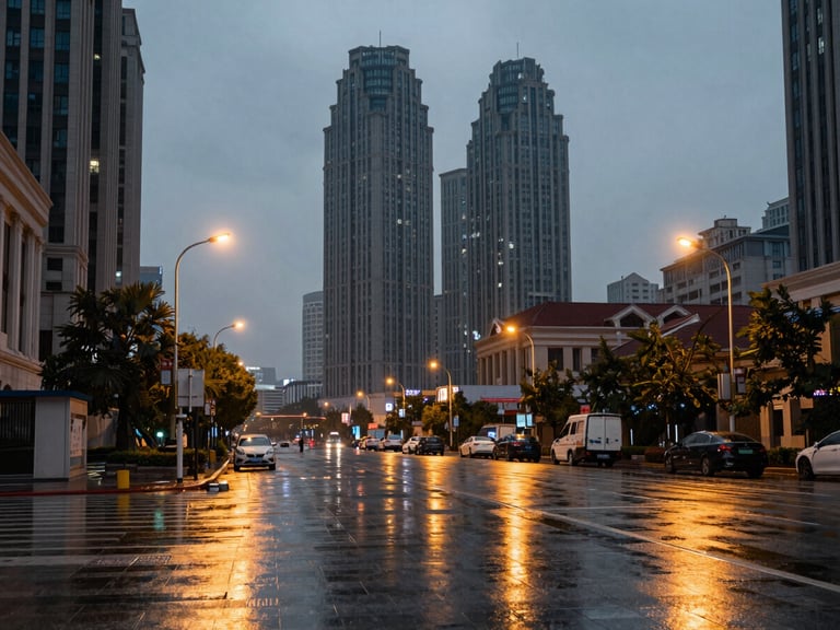 Cinematic wide shot of Tianjin street scene at twilight, modern high-rises reflecting golden streetlights on wet pavement, moody overcast sky.