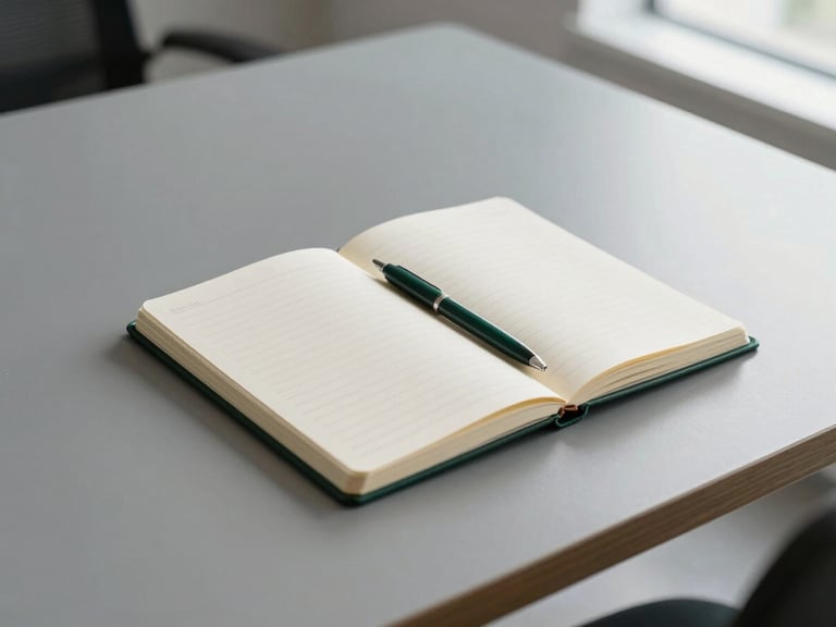 A clean minimalist office desk with a structured notebook and pen under bright natural daylight, muted slate tones, editorial corporate photography