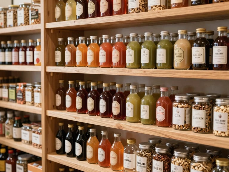 Neatly arranged retail display of specialty Latin beverages and dry goods on clean wooden shelves, warm natural daylight, medium shot.