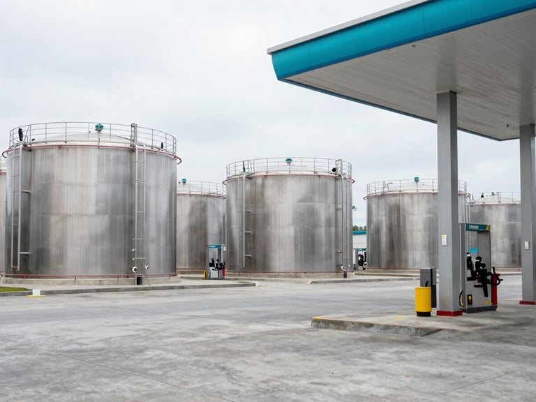 Wide shot of a modern industrial fleet refueling station with stainless steel storage tanks and clean concrete ground, cool overcast daylight, high-contrast steel tones, cyan accents, 35mm