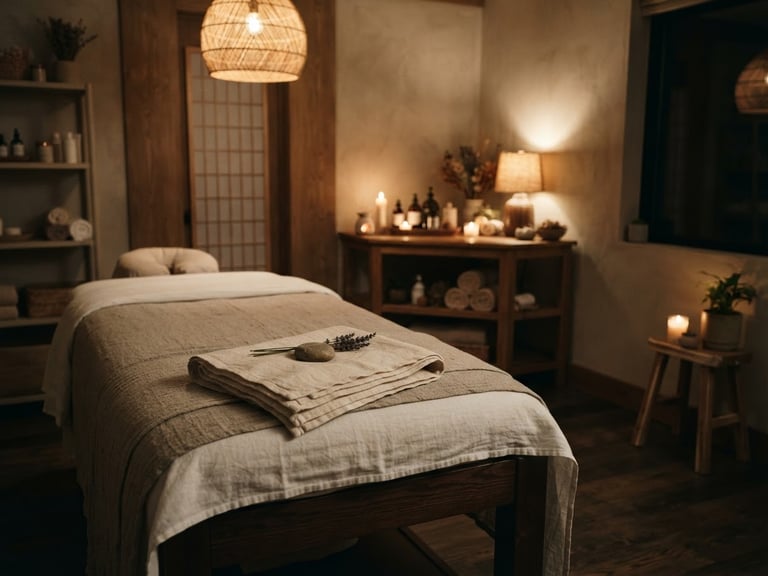 Wide panoramic shot of a serene, dimly lit treatment room, a neatly folded linen towel on a massage bed in the foreground, soft candle glow from a corner, warm editorial photography, shallow depth of field, 35mm