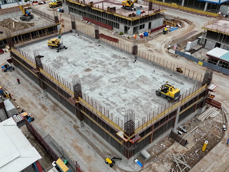 Overhead diagonal aerial of an active commercial construction site, concrete foundation and steel framing visible, equipment and workers small in scale to show site context, natural overcast daylight for accurate documentation