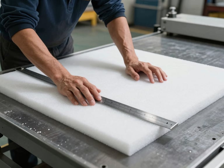 Worker measuring a sheet of white foam with a metal ruler on a large industrial cutting table