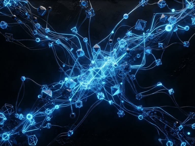 Sleek 3D render of glowing algorithmic nodes, dark obsidian background, sharp electric blue rim lights, macro perspective, octane render, 8k