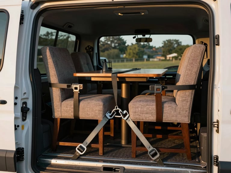 Documentary shot of two armchairs and a dining table secured upright in a van interior with ratchet straps across the load, golden afternoon light entering through the side door, visible organization and careful arrangement of items