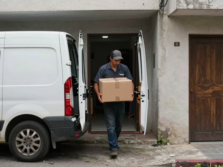 Street-level documentary shot of a Colibrí van parked at a residential building entrance, rear doors open, worker carefully carrying a wrapped package down a narrow corridor, natural urban daylight, no people's faces visible