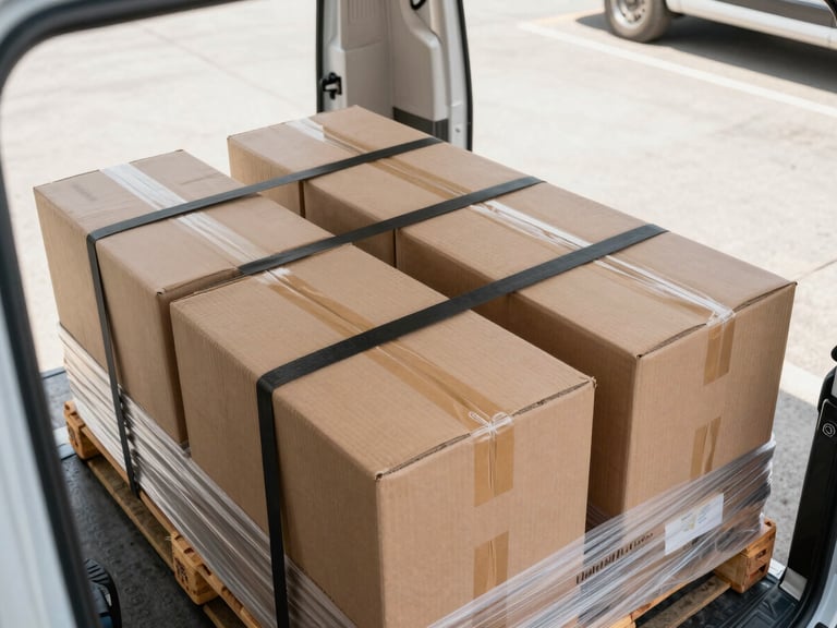 Overhead view of neatly stacked commercial cargo boxes and wrapped pallets filling the floor of a delivery van, straps crossing the load diagonally, bright midday light from an open warehouse loading dock in the background