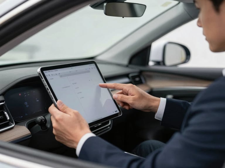 Close-up of a professional driver in a dark suit adjusting a tablet mounted on the dashboard of a clean, modern vehicle, sharp focus, technical lighting.