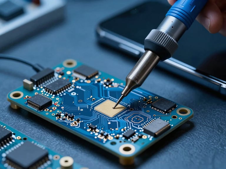 Extreme close-up of a clean technical repair bench, bright cool studio lighting, micro-soldering tools and a pristine smartphone circuit board, deep slate and electric blue tones