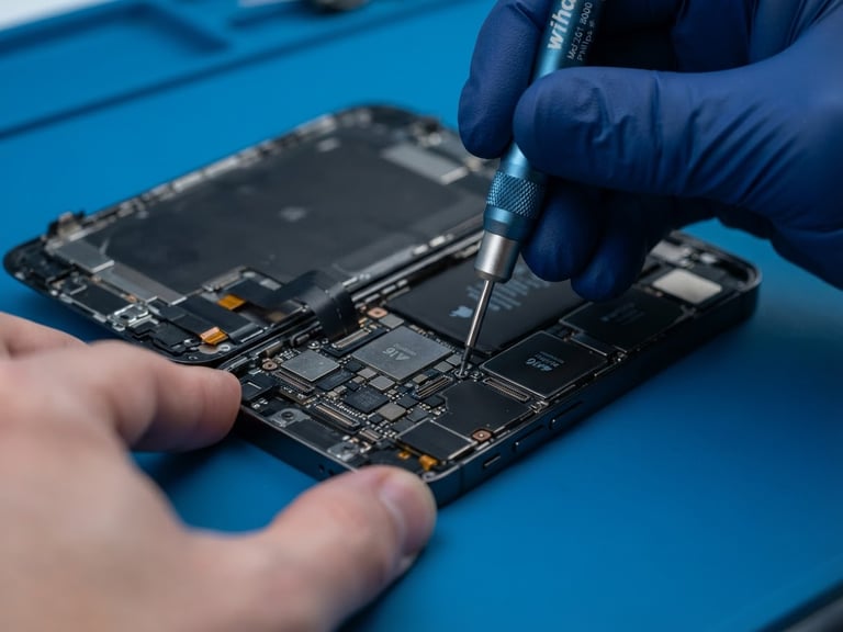Extreme close-up of a technician's hands using a fine screwdriver on an open smartphone under cool bright studio lighting, pristine blue background, highly detailed.