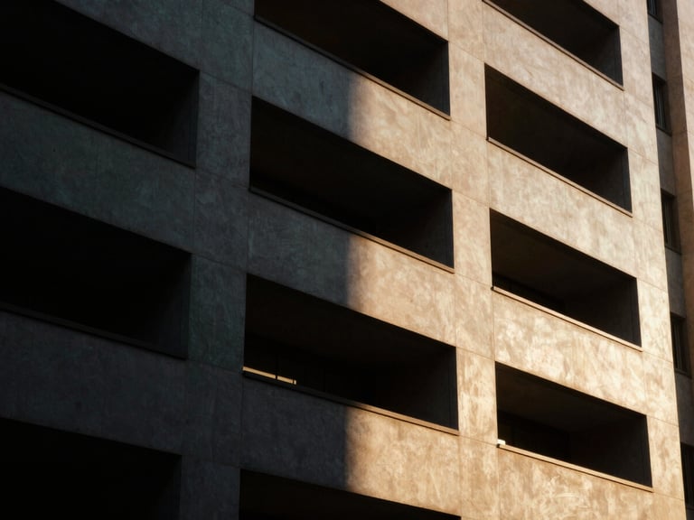 Abstract architectural detail of a modern studio building, high-contrast light and shadow, warm amber glow, generous negative space, 35mm film grain.
