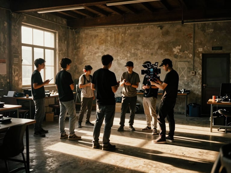 Candid shot of a film crew setting up a cinematic shot in a raw, industrial creative workspace, warm golden-hour light filtering in, deep shadows, 35mm film grain.