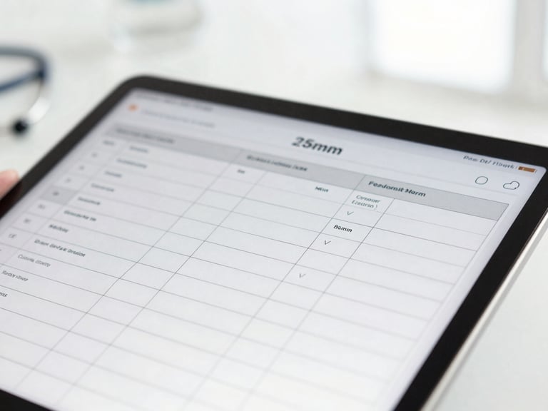 Close up of a professional tablet showing organized project timelines and clinical documentation checklists, bright clinical environment, sharp focus, 35mm