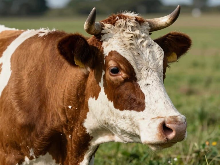 Close documentary portrait of a Jersey cross cow in three-quarter profile, warm daylight from the right, large dark eyes, fawn and white coat, open pasture background with soft green depth, intimate framing, no confinement, no human subjects