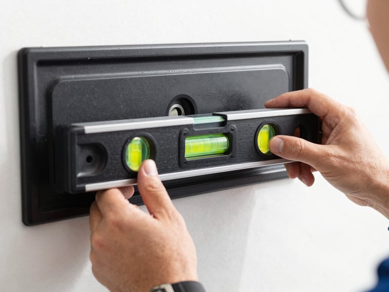 Close-up of a technician's hands using a bubble level on a sleek black metal TV wall bracket, bright natural daylight, sharp focus on the level indicator