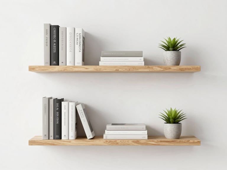Straight-on clean shot of minimalist floating oak shelves mounted on a white wall, displaying neatly organized books and small plants, crisp natural light
