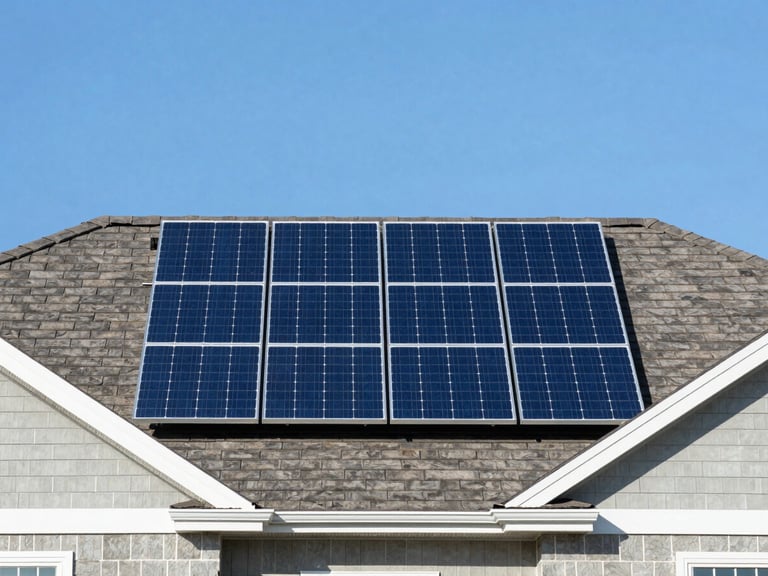 Symmetrical shot of a clean solar panel array installed on a residential roof against a clear blue Idaho sky, bright daylight, crisp commercial photography