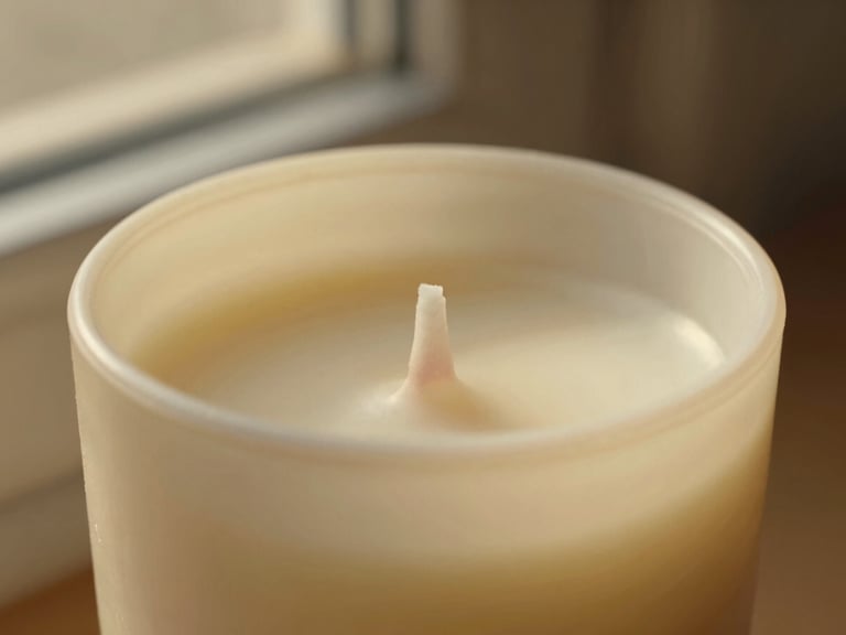 Close-up of a hand-poured luxury scented candle in a sculptural vessel, wax pool glowing, soft side-lighting emphasizing texture, rich ivory and muted gold tones