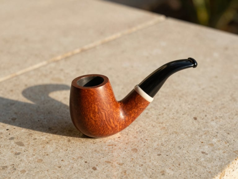 An elegant ceramic smoking pipe resting on a raw travertine stone tile, soft shadows, warm golden-hour Florida sunlight
