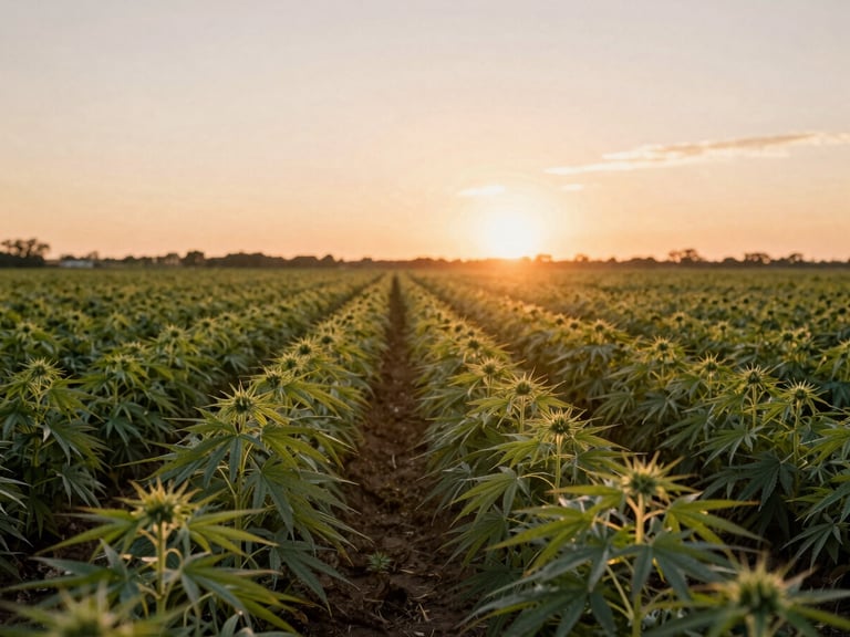 Warm golden-hour shot of an outdoor organic hemp farm in Florida, rows of green crops reaching toward a soft orange horizon, natural sun flare