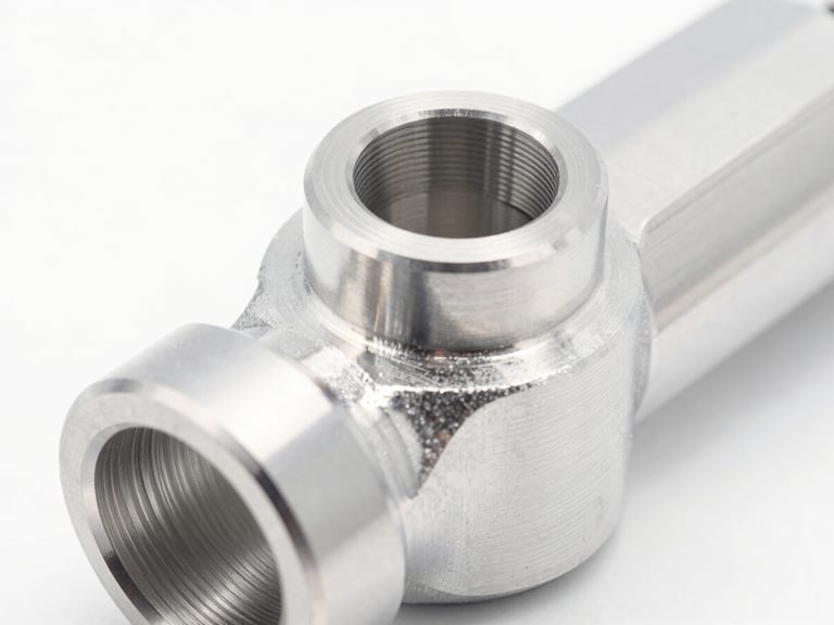 Close-up macro shot of a gleaming CNC-milled billet aluminum component, crisp metallic reflections, bright high-key studio lighting, clean white background, sharp focus, 50mm