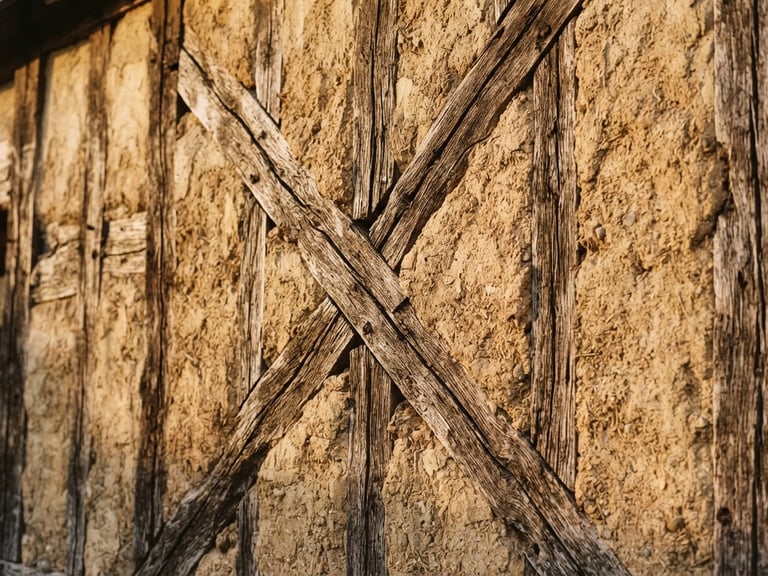 Close-up of traditional Norman half-timbered wall with eco-restored clay and lime plaster, soft golden hour sunlight highlighting the organic texture, 35mm editorial photography.