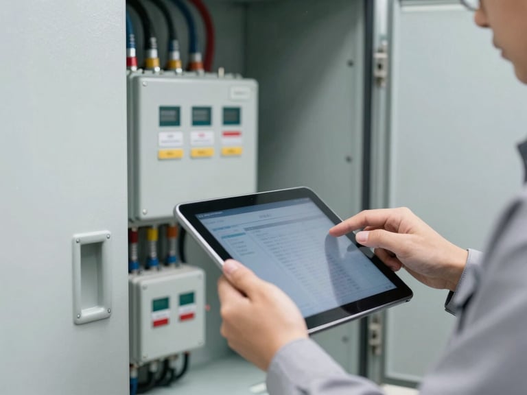 A close-up of a technician's hands using a tablet to log asset telemetry next to a clean, modern commercial electrical panel, bright utility lighting