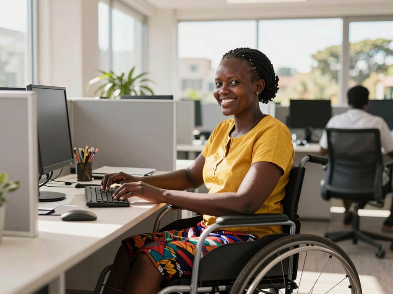 An eye-level shot of a Kenyan woman with a physical disability working at a modern office desk in Nairobi, smiling, bright natural sunlight, professional setting