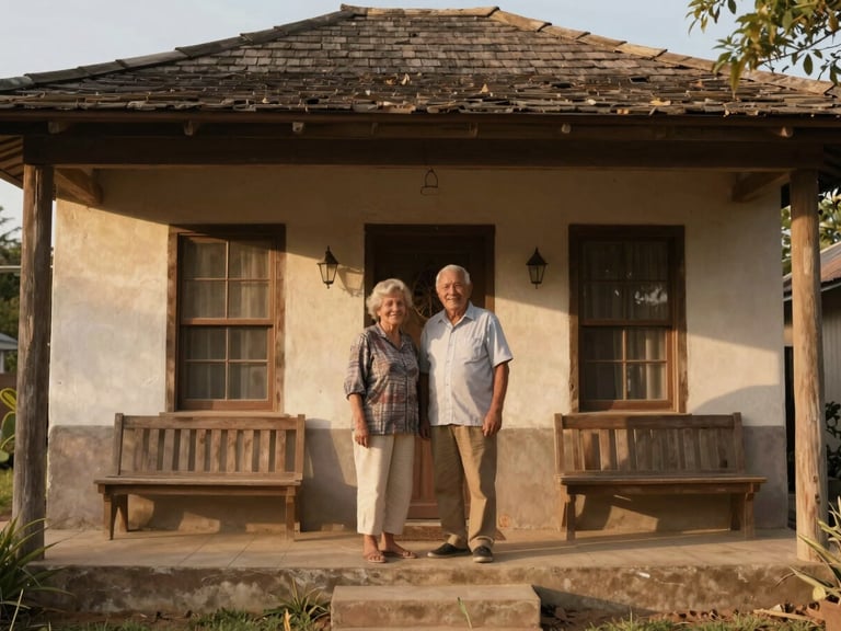 An elderly couple smiling on the front porch of a beautifully restored craft-style home, soft natural light, warm earthy tones.