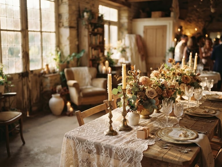 Wide panoramic shot of an elegantly arranged vintage wedding table in a warm, softly lit atelier, with delicate lace, antique brass candlesticks, and a floral centerpiece. Focus on texture and detail, with golden-hour window light creating soft shadows. The table is off-center to the right, with negative space on the left.