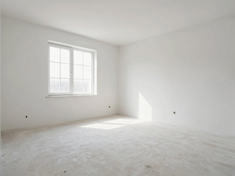 Wide-angle architectural interior shot of a freshly renovated room, sharp clean drywall lines, bright natural daylight coming from a window, spotless floor.