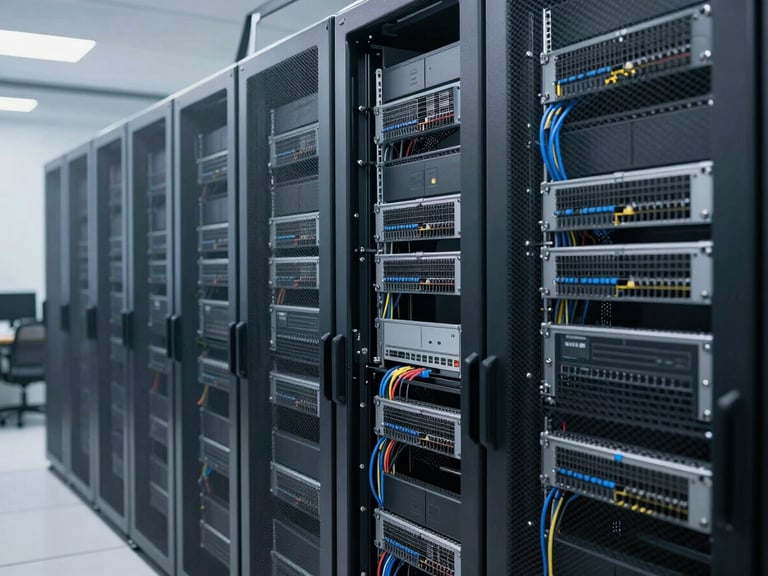 Organized server racks and network cabling in a modern data center, cool-toned daylight, sharp focus, 35mm