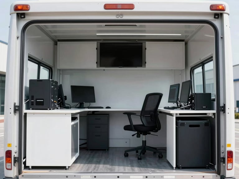 Interior of a clean, modern logistics truck with securely strapped office furniture and IT equipment, bright cool-toned daylight, sharp focus, 35mm