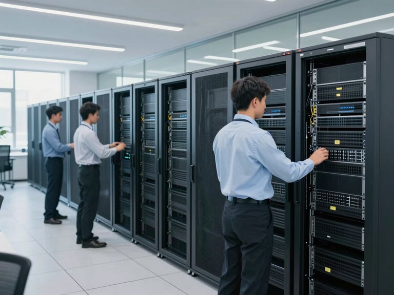 Professional technicians in corporate attire working on organized IT server racks in a modern office, bright cool-toned daylight, sharp focus, 35mm
