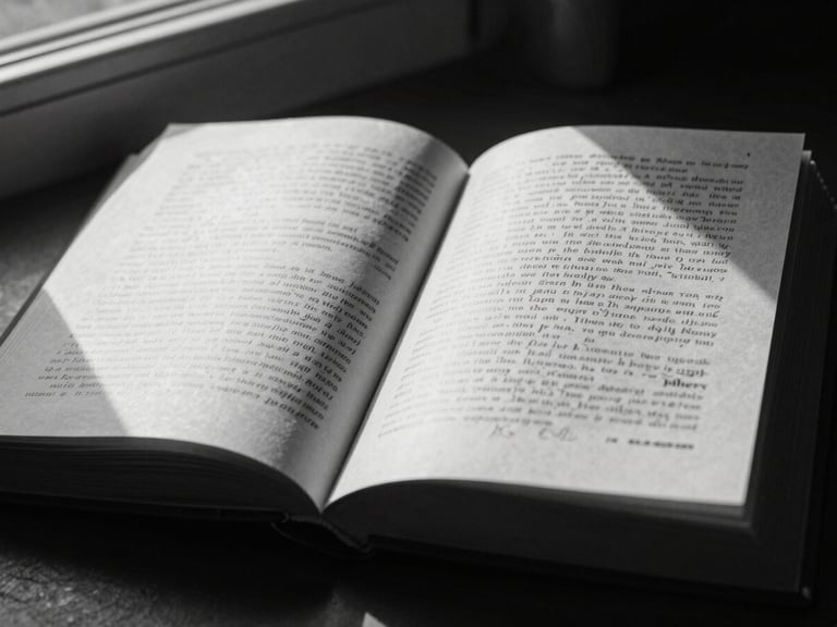 Stark high-contrast black and white shot of open book pages with hand-written marginalia in the borders, dramatic side lighting.