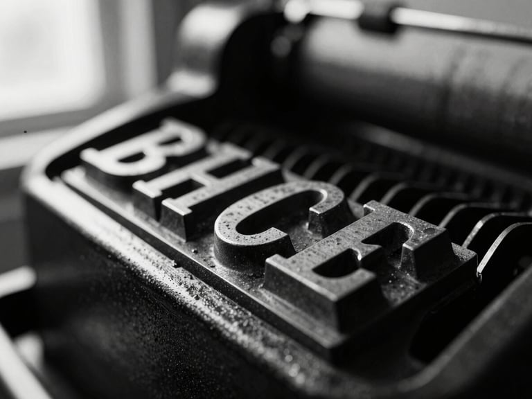 Macro close-up of a vintage printing press letter block, high contrast black and white, dramatic side lighting, rich metallic and paper textures.