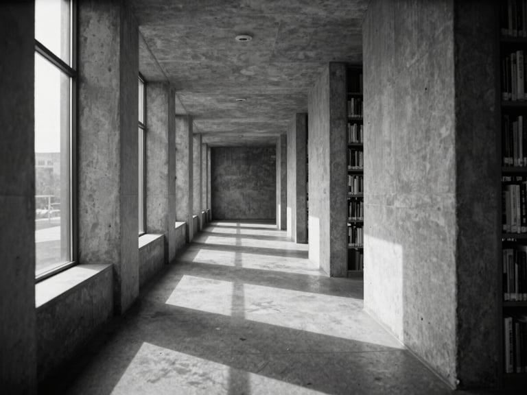 Wide environmental shot of an empty, minimalist concrete library corridor, stark shafts of natural light cutting across the floor, high contrast.