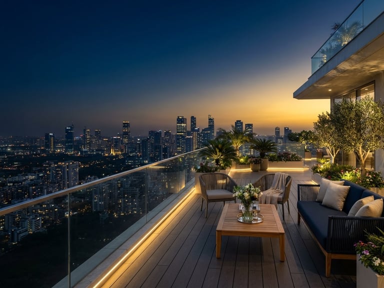 Premium modern penthouse terrace at sunset, glass railings overlooking the Gurgaon skyline, clean architectural lines, deep navy sky with warm gold horizon.