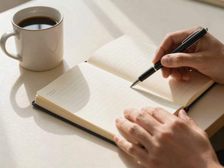 Close-up of hands opening a well-worn notebook on a warm cream desk, a ceramic mug of coffee to the left, soft natural window light raking across the page, pen resting in the gutter — unhurried, focused, mid-session