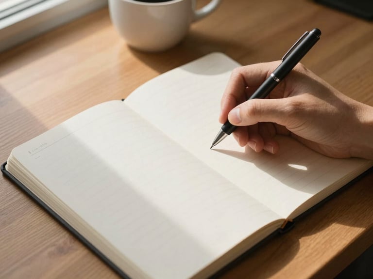 Close overhead view of an open notebook on a warm wood desk, a hand holding a fine-tip pen mid-write, soft natural window light from the left casting a gentle shadow, a ceramic coffee cup slightly out of focus in the upper corner