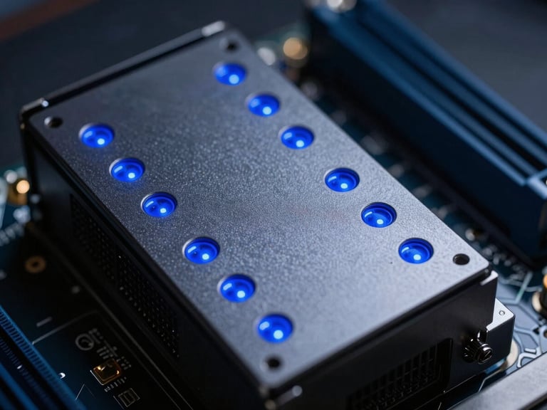 Macro close-up of high-performance server rack motherboard, electric blue LED indicators, deep slate gray metallic surfaces, sharp focus, 50mm technical photography.