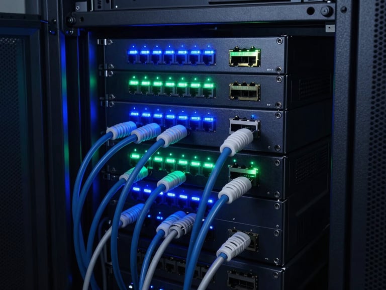 Clean cable management in a server rack, blinking blue and green network LEDs, dark server room environment, cool studio lighting, sharp focus