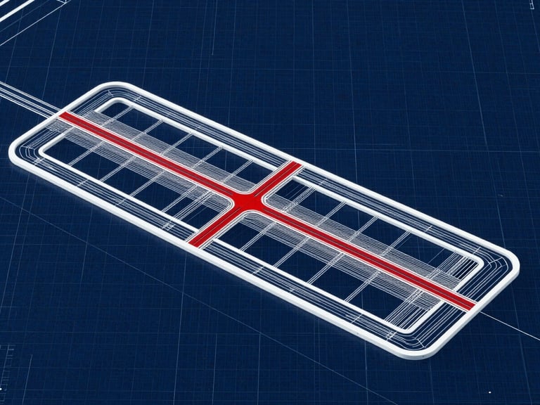 Technical blueprint of a deep-water port layout, white lines on dark navy grid background, sharp crimson telemetry markings, architectural symmetry, macro detail