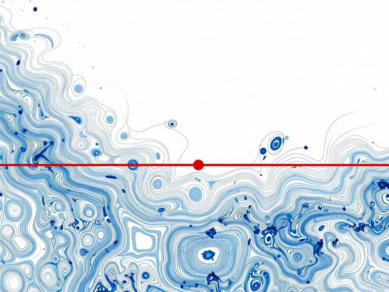High-contrast telemetry screen displaying maritime bathymetry data, cool blue depth contours, sharp red warning indicator line marking the safe draft clearance corridor