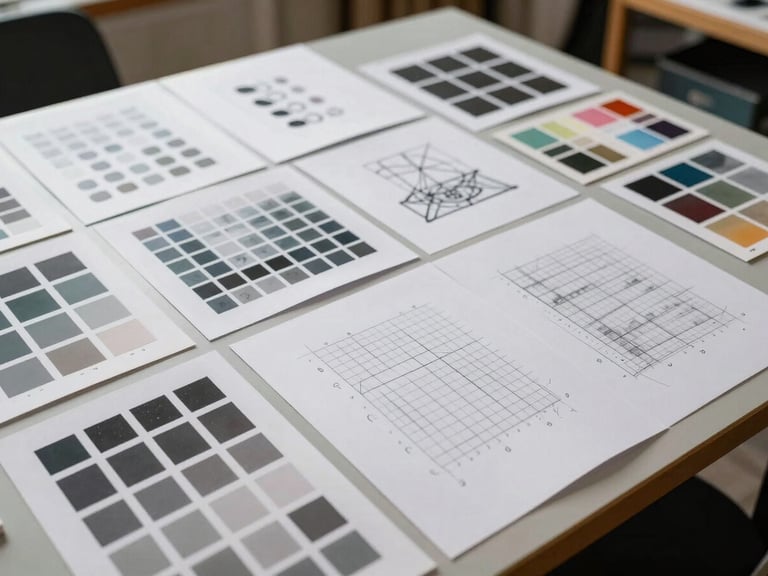 Wide editorial flat-lay of a design process spread on a studio table — printed type studies, grid sketches, and color swatch cards arranged in a working order, studio-controlled daylight, shot from slightly above to show the full spread, no hands, no people