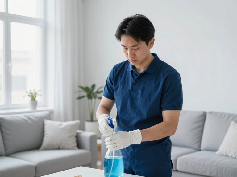 Professional home cleaner in a bright, modern Scandinavian living room, focused on detail, cool morning daylight, clean minimalist setting, 35mm