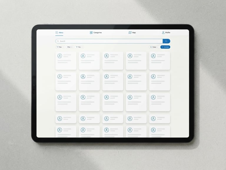 Minimalist clean mockup of a directory website on a sleek tablet screen, cool northern daylight, soft shadows, crisp blue and white tones
